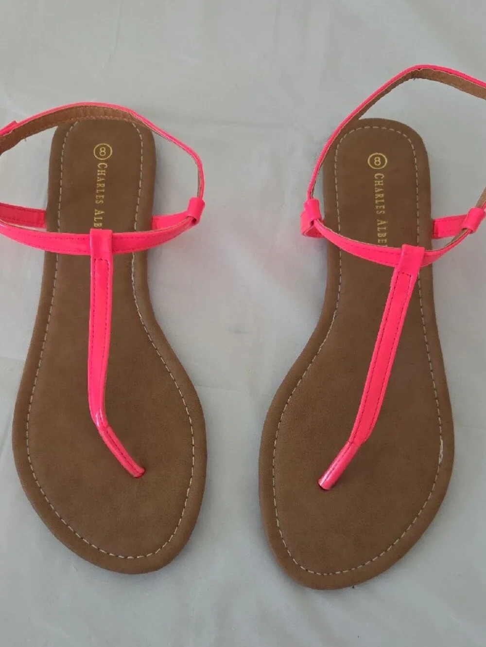 Charles Albert Neon Pink T-Strap Sandals with Brown Footbed